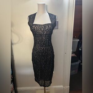 NWOT Moda International Vintage Black Leopard Print Lace Mesh Dress size M